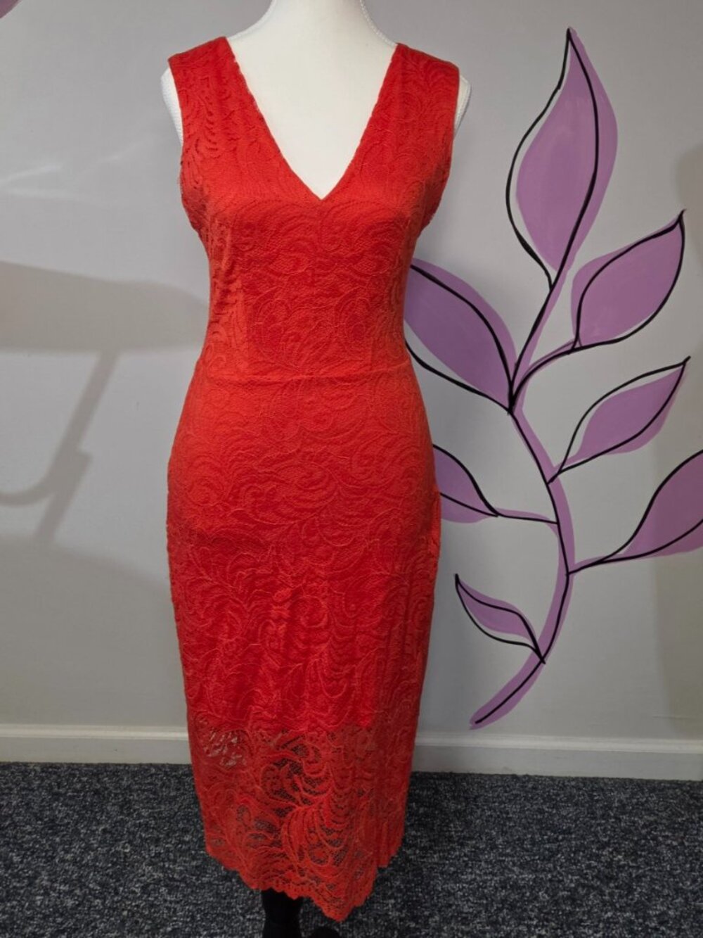 Bebe Red Lace Midi Bodycon Dress Size Small